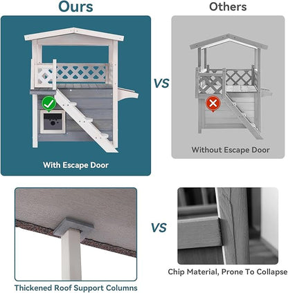 Petsfit Outdoor Cat House Weatherproof, Wooden Outside Feral Cat Shelter with Stair, 2 Story Cat Houses for Indoor Cats Small Dogs with Escape Door(Gray)