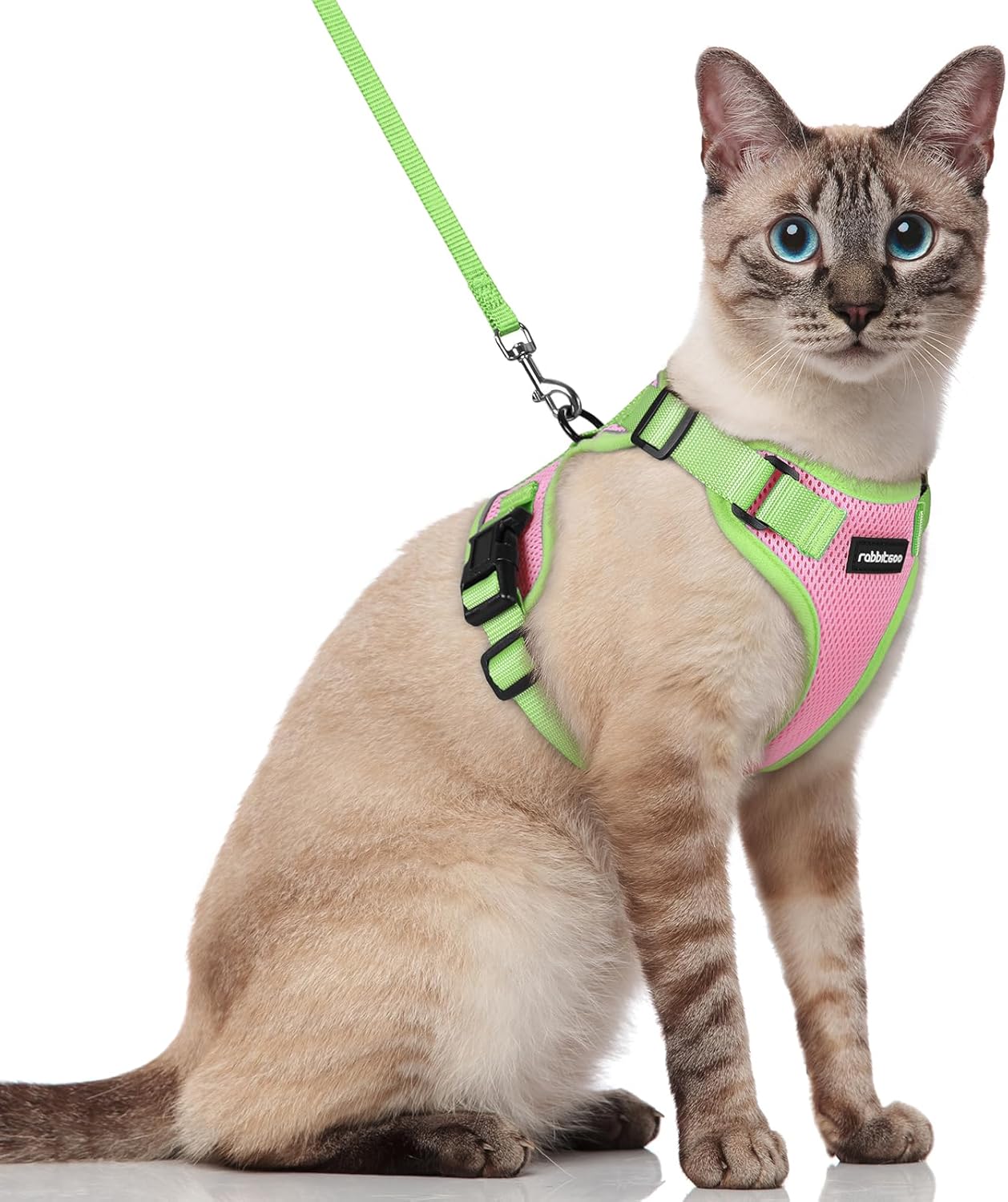 rabbitgoo Cat Harness and Leash Set, Escape Proof Soft Adjustable Vest Harnesses for Outdoor Walking, Easy Control Breathable Kitten Jacket with Reflective Strips, Pink & Light Green, S
