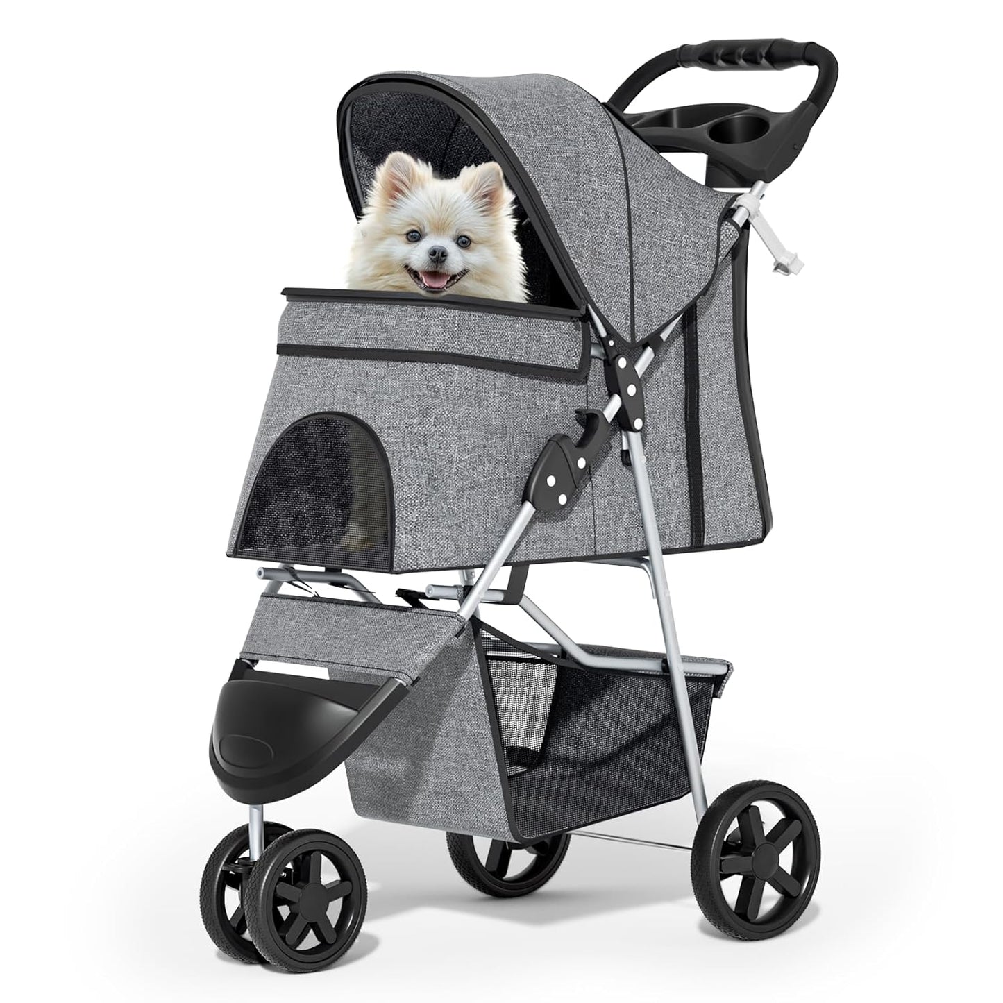 MoNiBloom 3 Wheels Pet Dog Cat Stroller for Small Medium Dogs and Cats, Lightweight Foldable Jogger Stroller w/Storage Basket and Cup Holder, Gray