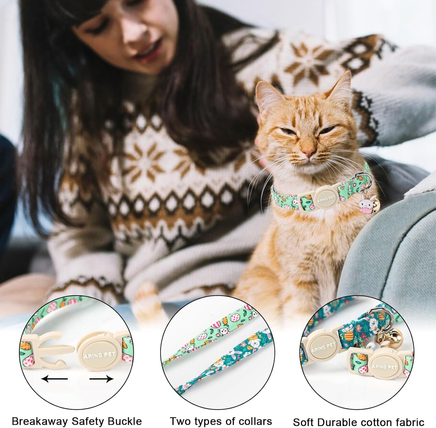 ARING PET 2 Pack Easter Cat Collars-Cute Bunny Cat Collar Breakaway with Bell&Pendant, Adjustable Green Rabbit Kitten Collars with Safety Buckle for Girl&Boy Cats