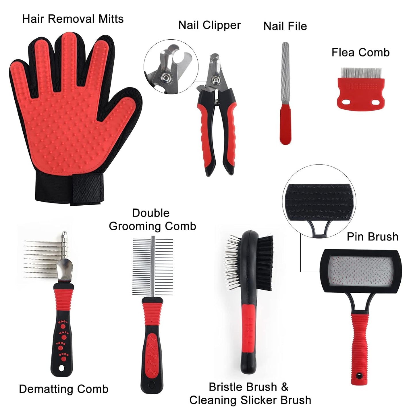 Wisedog Pet Grooming Kit - Pin & Bristle Brush, Slicker Brush, Dematting Tool, Nail Clipper, Hair Removal Mitts, Flea Comb for Dogs and Cats (Reddish-black)