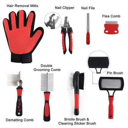 Wisedog Pet Grooming Kit - Pin & Bristle Brush, Slicker Brush, Dematting Tool, Nail Clipper, Hair Removal Mitts, Flea Comb for Dogs and Cats (Reddish-black)