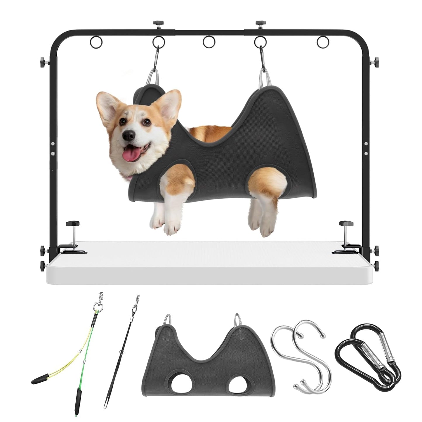 Adjustable Pet Grooming Arm for Table: 42" Height & 27"-39" Width, Clamp Fits Up to 2.76", Includes Hammock & 2 No-Sit Nooses, Heavy-Duty Dog Grooming Station for Home Use, Nail Trimming & Drying