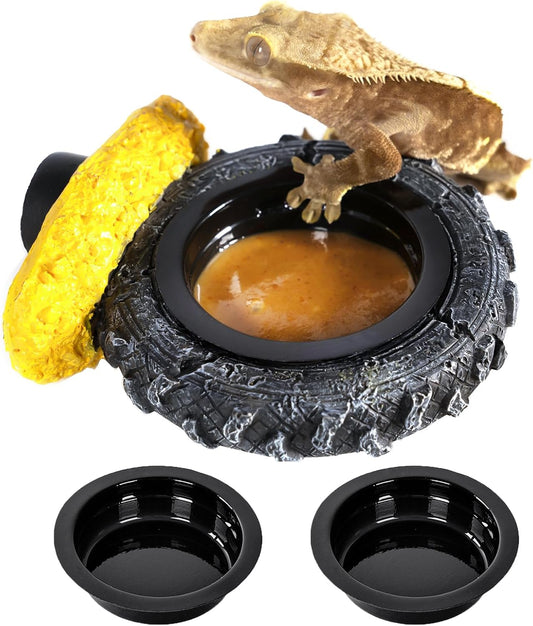 Gecko Gecko Feeder Ledge, Magnetic Reptile Feeding Ledge with 2 Food Bowls, Natural Tire-Design Resin Base for Bearded Dragon, Snake, Frog in Glass/PVC/Acrylic/Wood Tanks