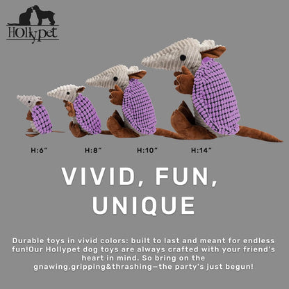 Hollypet Plush Dog Squeaky Toy Stuffed Armadillo Animal Pet Puppy Chew Toys with Clean Teeth for Small Medium Large All Breed Sizes Dogs, Purple, 8 in