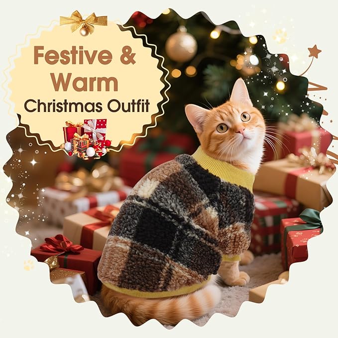DENTRUN Cat Sweater Winter Clothes - Plush Fleece Coat with Cotton Lining, Anti-Static, Front Legs Kitten Pajamas, Stretch Ribbed Cuffs for Warmth, Cozy Christmas Outfit for Small Medium Large Cats