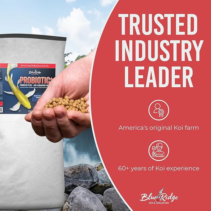 Blue Ridge Koi Fish Food 25lb - 3/16" Probiotic Plus for Goldfish and Ponds, Premium Fall and Winter Floating Pellets