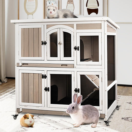2 Story Large Rabbit Hutch Indoor with 2 Deeper Pull-Out Trays, Wooden Rabbit Cage with 4 Lockable Wheels, Ramp, Chew-Anti Metal Strip for Rabbit, Guinea Pig, Hamster(47" L x 18" W x 42" H)