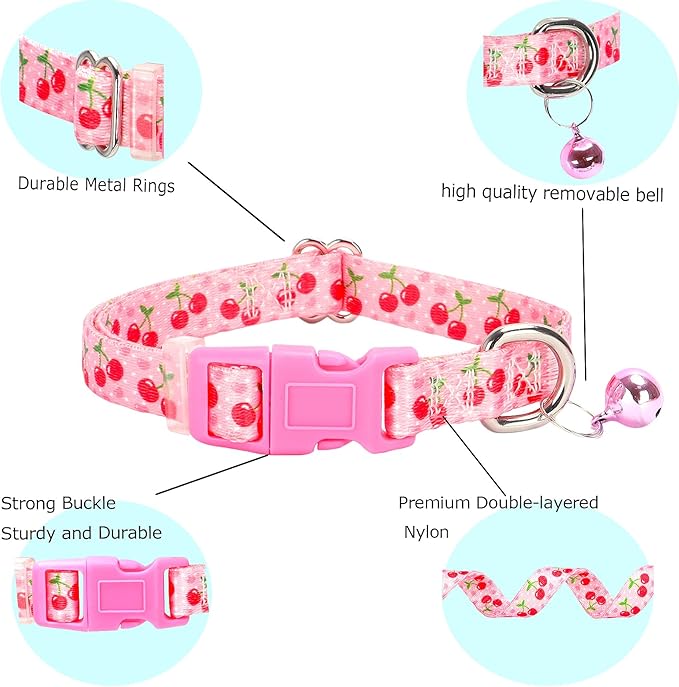 Cute Small Dog Collar with Bell,Pink Cherry Puppy Collar Tiny Cat Collars with Bells for XS Small Pet boy and Girl Dogs Kitten Little Animal,Small