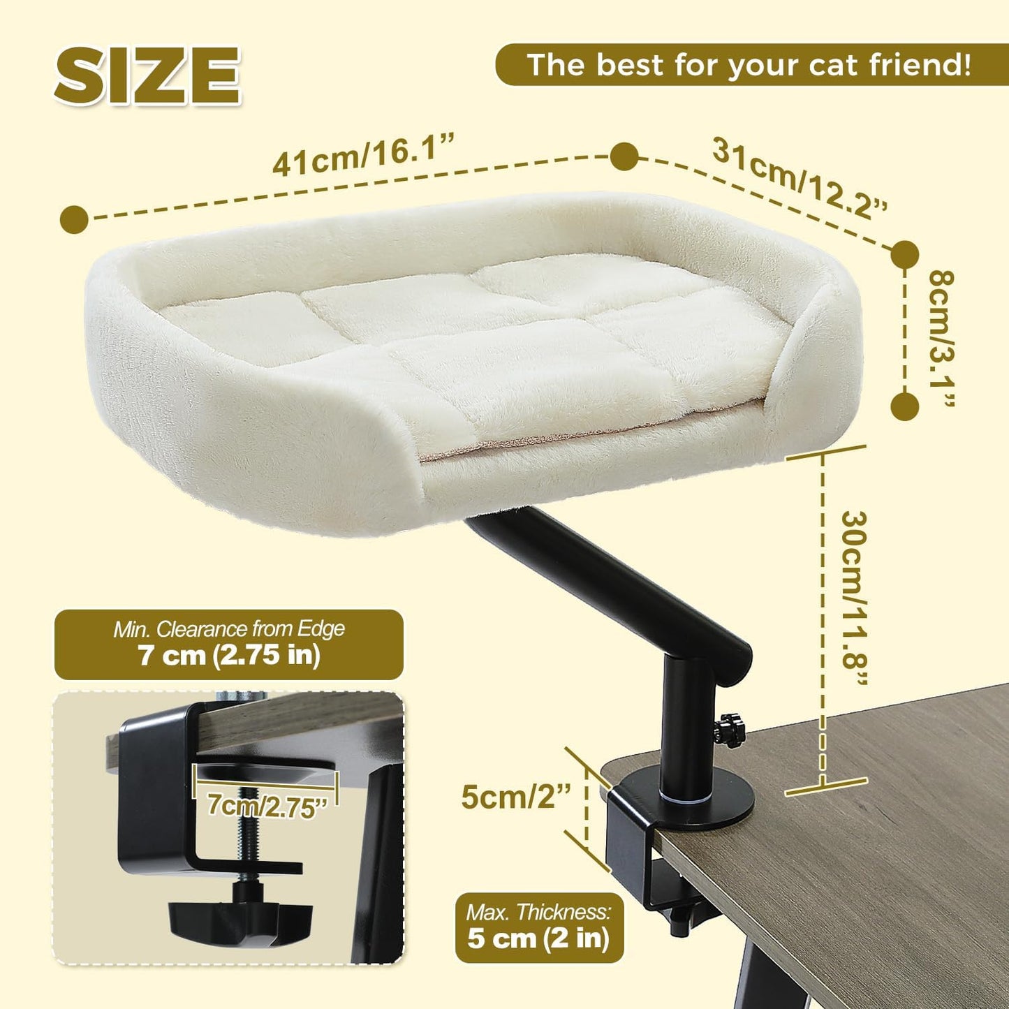 PAWZ Road Cat Desk Bed for Indoor Cats, Cat Bed for Desk Supports Up to 50 lbs, 360° Rotation & Adjustable, Nest Desktop Attachment Cats Hammock for Table, White