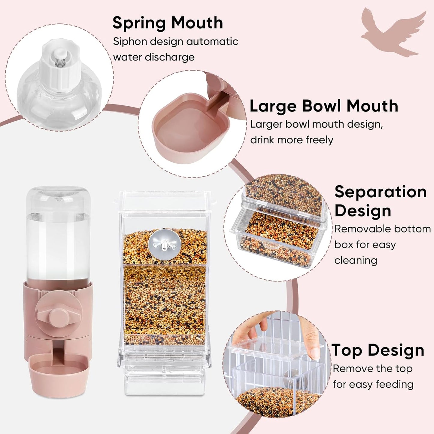 No Mess Bird Feeder Water Dispenser Set, Bird Feeder for Cage, Cage Accessories for Cockatiels, Finches, Budgies and Canaries