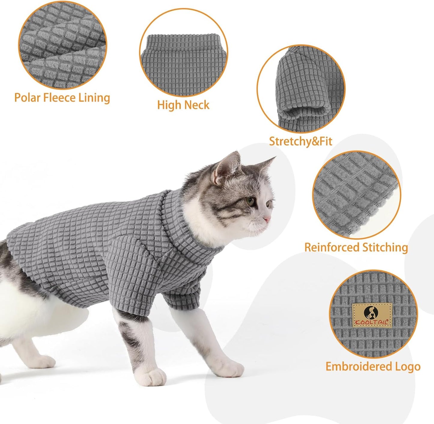 KOOLTAIL Cat Sweater for Sphynx - Soft Fleece Sweaters for Cats Only, Elastic Pet Clothes with Sleeves, Thick Winter Warm Cold Weather Apparel for Hairless Cat, Puppy Pajamas for Small Dogs, Grey S