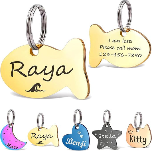 Anavia Small Size Dog Cat ID Tags, Small/XS Personalized Color Plated Stainless Steel Puppy Kitten Name Tags, Customized Engraved Nameplate Pet Collar Tag (Gold, Fish)