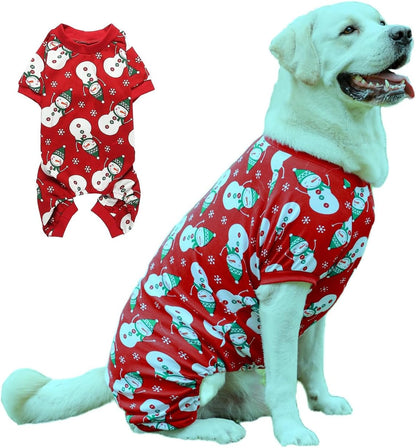 Lanyarco Snowman Christmas Pajama for Dogs, Cotton Pet Dog Christmas Pajamas Jumpshit PJS Onesie for Large Dogs, Back 27" 3XLarge Red