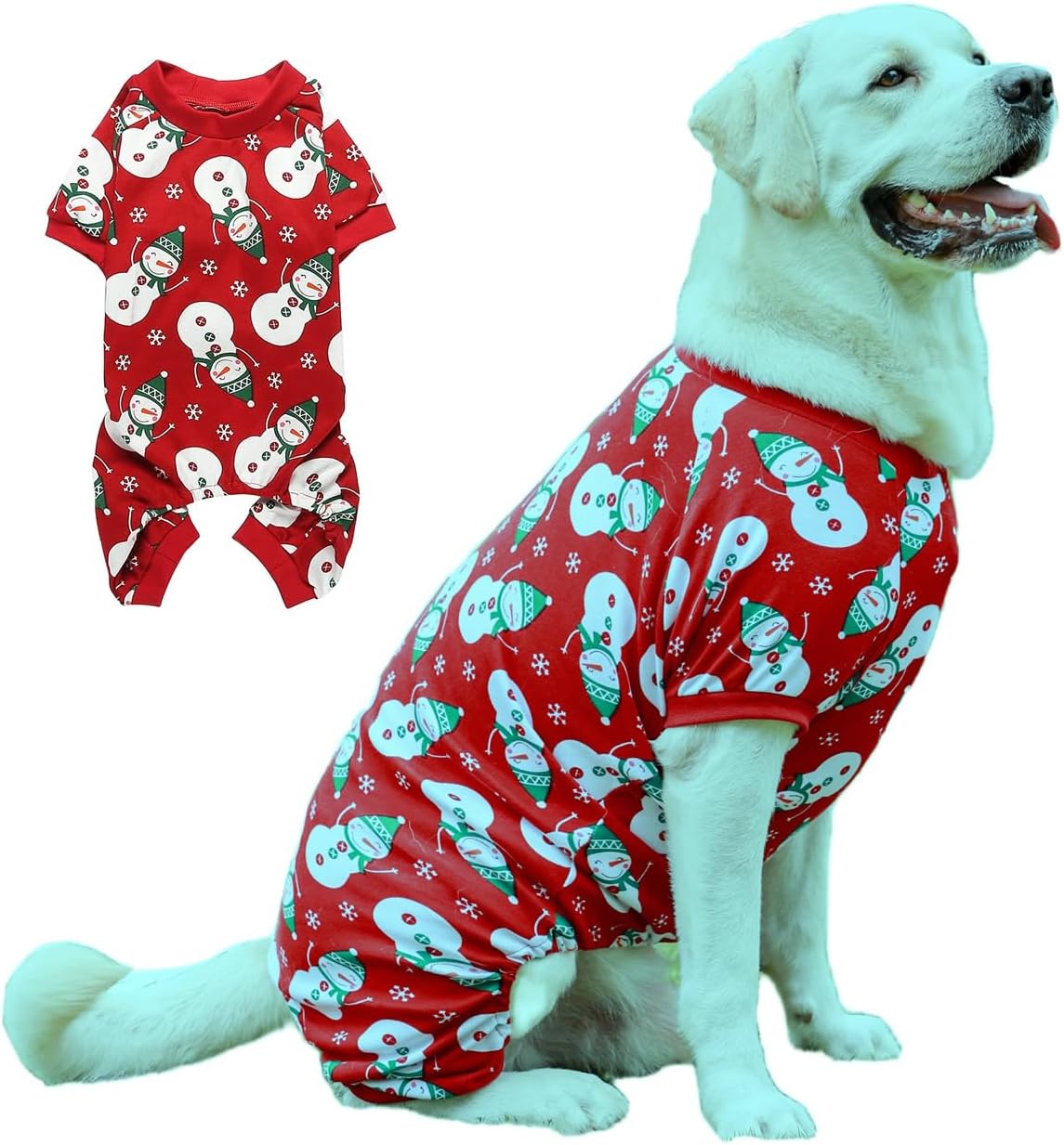 Lanyarco Snowman Christmas Pajama for Dogs, Cotton Pet Dog Christmas Pajamas Jumpshit PJS Onesie for Large Dogs, Back 25" XXLarge Red