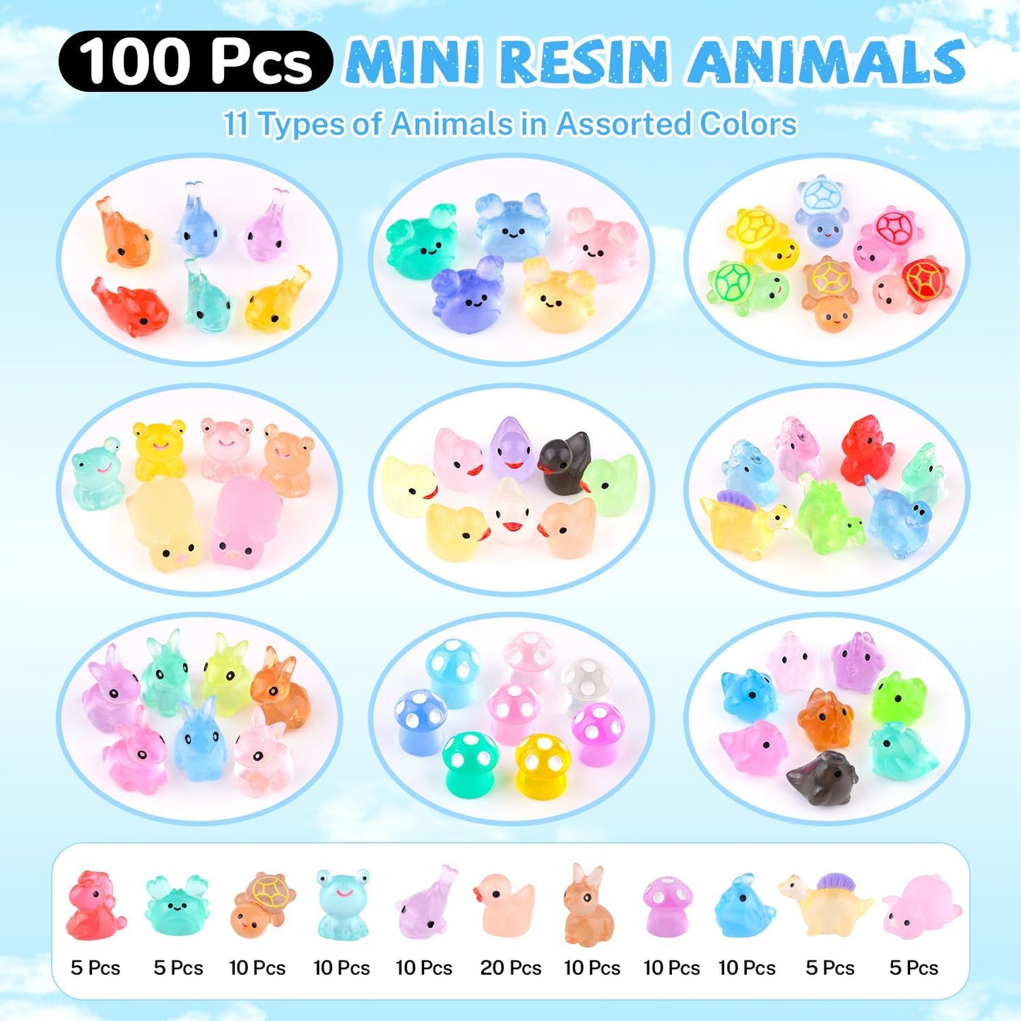 100PCS Mini Resin Animals Tiny Cute Figurines Glow in Dark, Miniature Figures to Hide, Little Animal Toys Small Accessories for Topper Desk Garden Dollhouse Landscape Aquarium Ornaments Crafts & Decor
