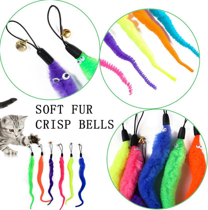 24 PCS Cat Worm Toy Replacement Teaser with Bell Refills Indoor Cat's Interactive Wand and Catch Wand Soft Squiggly Worm Teaser Refills Attachment Interactive Catch Toy Accessories （6 Color）