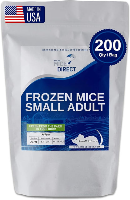 MiceDirect 200 Frozen Mice Small Adult Feeders Snake Food for Juvenile Red Tail Boas Ball Pythons Adult Sand Boas Milks Corn (2.5-3 in) (Pack of 200) (3800 Grams Min)