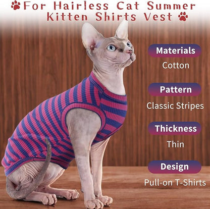 BRKURLEG Sphynx Hairless Cats Shirt Puppy Clothes Soft Cotton T-Shirts Cute Cats Pajamas Cat Stripes Vest Pet Sweater, Round Collar Vest Kitten Shirts(PinkBlue Stripes, XL)
