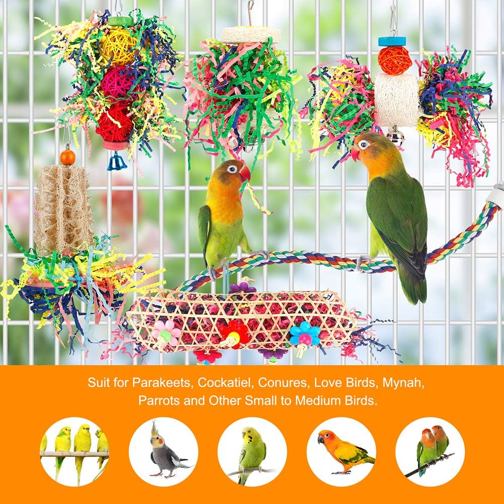 Foraging Bird Toys - Shredding Parakeet Toys with Rope Perch for Conure, Cockatiel, Budgies, Lovebird, Parrotlet