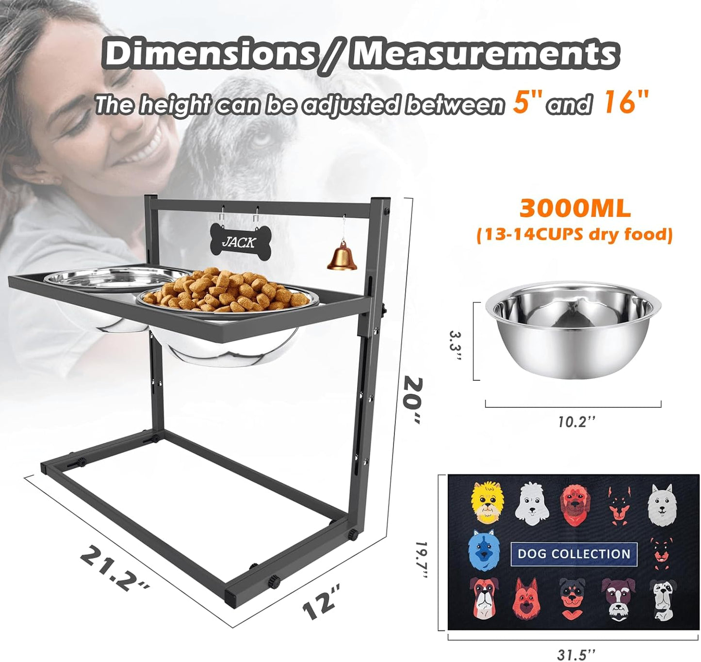 SHAINFUN Elevated Dog Bowls for Large Dogs and Extra Large Sized Dog Raised Dog Bowl Stand Adjustable Height with Two 3000ML(13-14cups) Stainless Steel Dog Food Bowls Metal Elevated Dog Bowl Stand