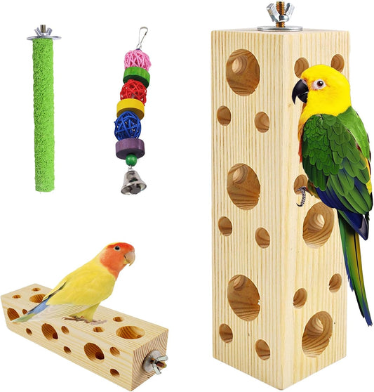 Wooden Bird Chewing Perch,Parrot Chew Block Toys for Medium Birds Parakeet Grinding Perch Foraging Toy Cockatiel Shredding Wood Stand for Budgie Lovebird Conure