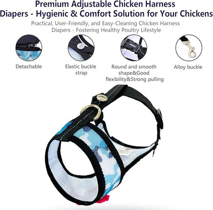 Premium Adjustable Chicken Harness with Camouflage Design & Comfortable Breathable Fabric - Includes Resilient 5.4ft Matching Leash for Secure Outing (Medium Camouflage Blue)