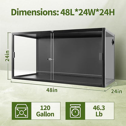 120 Gallon Reptile Tank, Large Terrarium for Bearded Dragons, Snakes, Leopard Geckos, Sliding Door & Top Ventilation, 48" x 24" x 24" Easy-to-Maintain Reptile Enclosure