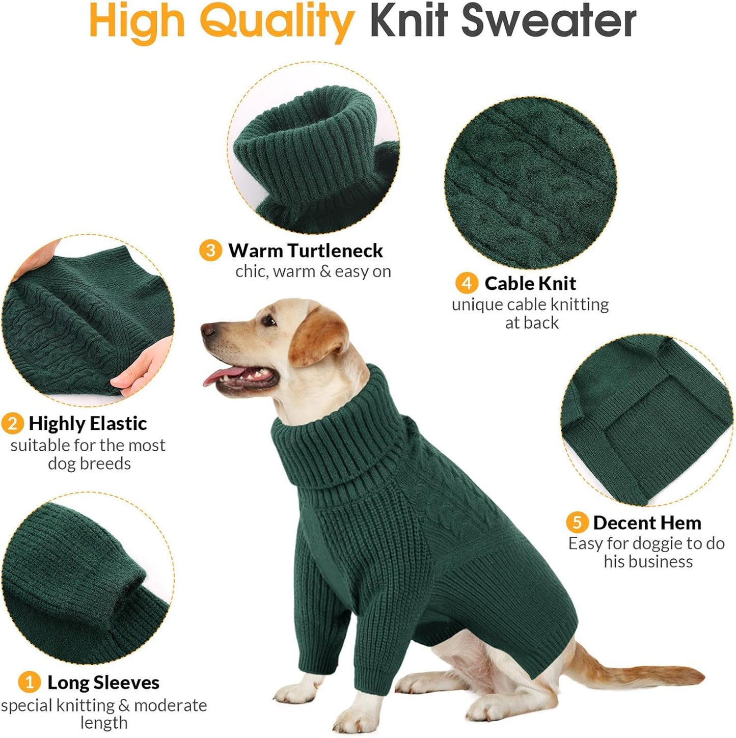 Queenmore XXL Dog Sweater, Dog Sweaters for Large Dogs Girl or Boy, Dog Christmas Sweaters XXL, Winter Big Dog Sweatshirt Knitwear, Pet Chunky Warm Coat for Small Medium Size Dogs, Green XXL