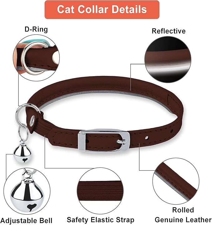 OOPSDOGGY Rolled Leather Cat Collar with Bell, Reflective Kitten Collars with Buckle Include Safety Elastic Strap - Adjustable Small Pet Collars for Boy Girl Cats (Brown)
