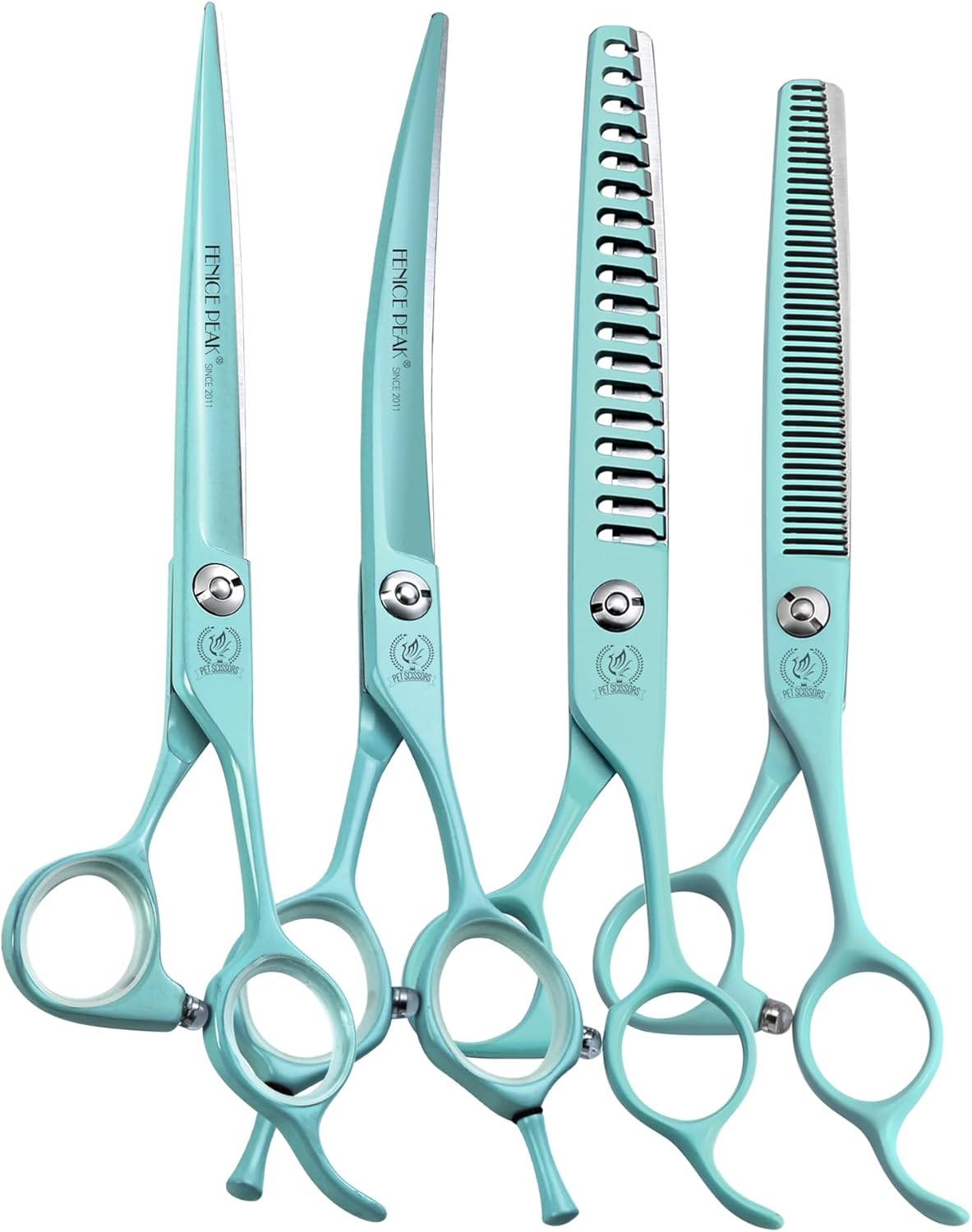 Fenice Peak 7" Professional Dog Grooming Scissors Set, Japanese 440C Stainless Steel Straight Thinning Curved Chunker Shears for Pet Grooming, Trimming Face, Paws, Green