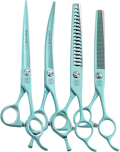 Fenice Peak 7" Professional Dog Grooming Scissors Set, Japanese 440C Stainless Steel Straight Thinning Curved Chunker Shears for Pet Grooming, Trimming Face, Paws, Green