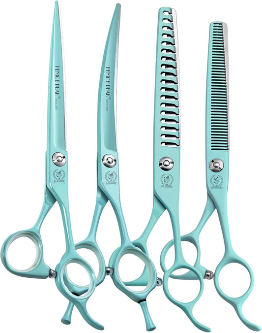 Fenice Peak 7" Professional Dog Grooming Scissors Set, Japanese 440C Stainless Steel Straight Thinning Curved Chunker Shears for Pet Grooming, Trimming Face, Paws, Green