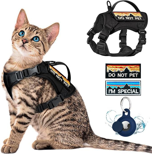 Tactical Cat Harness for Walking, Adjustable Escape Proof Pet Vest for Large Cat,Easy Control Breathable Cat Vest with Handle，Molle Patches (Black, L)