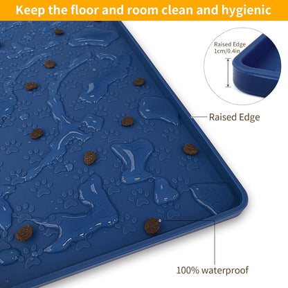 Ptlom Silicone Pet Placemat for Dog and Cat, Waterproof Non-Slip Pet Feeding Bowl Mats for Food and Water, Small Medium Large Tray Mat Prevent Residues from Spilling to Floor, Navy Blue, 24.5" 16.5"