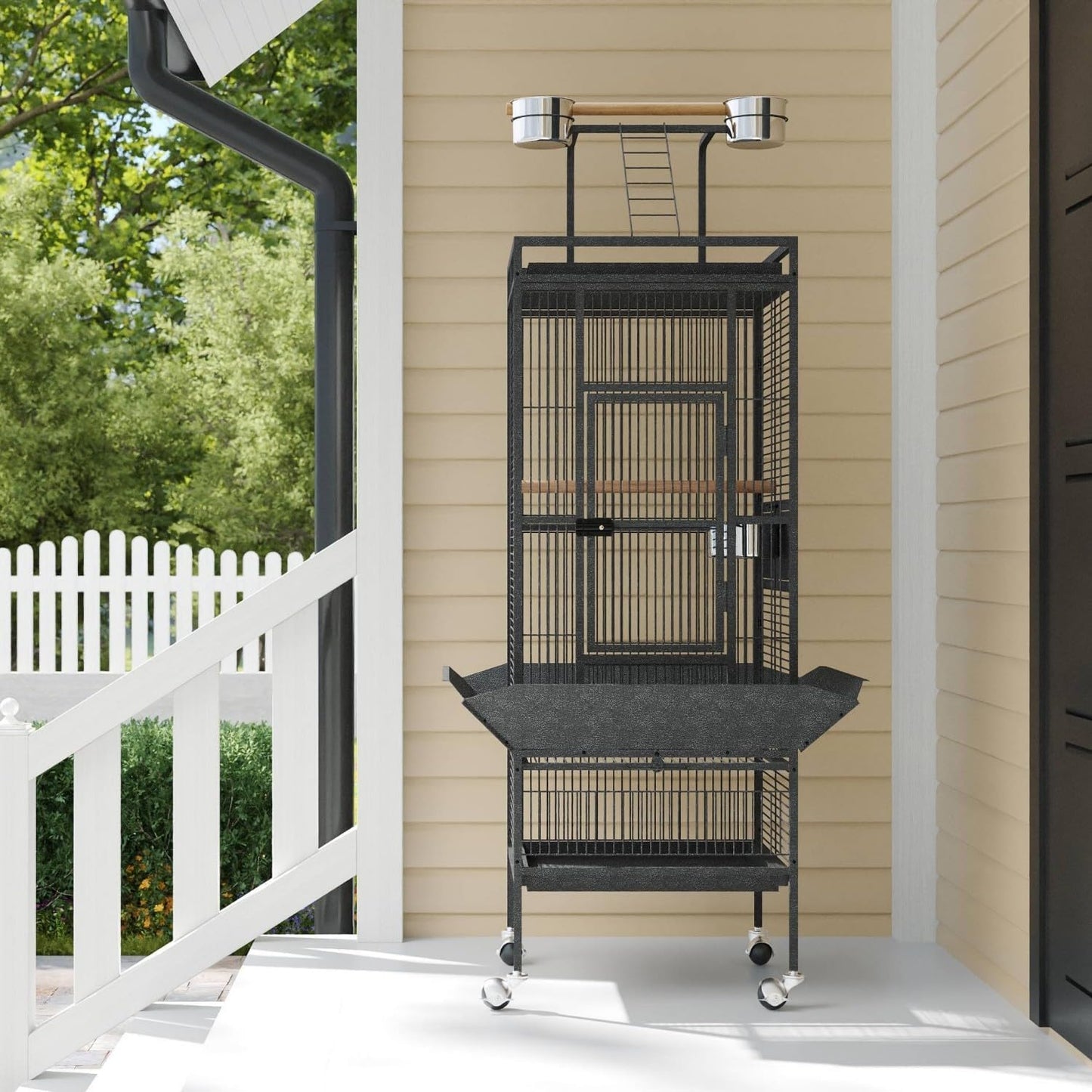 61 Inch Large Bird Cage Rolling Wrought Iron Parrot Cage with Play Top & Bowls for Mid-Sized Parrots Cockatiels Conures Parakeets Lovebirds Budgie Finch Dark Grey