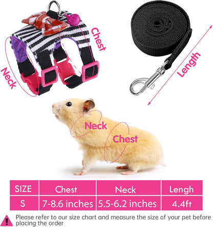 2 Pieces Hamster Harness and Leash Set for Walking, Small Guinea Pig Clothes with Bowknot Bell, No Pulling Comfort Padded Vest Striped for Guinea Pig Hamster Ferret, Small Animals (Blue, Black,S)
