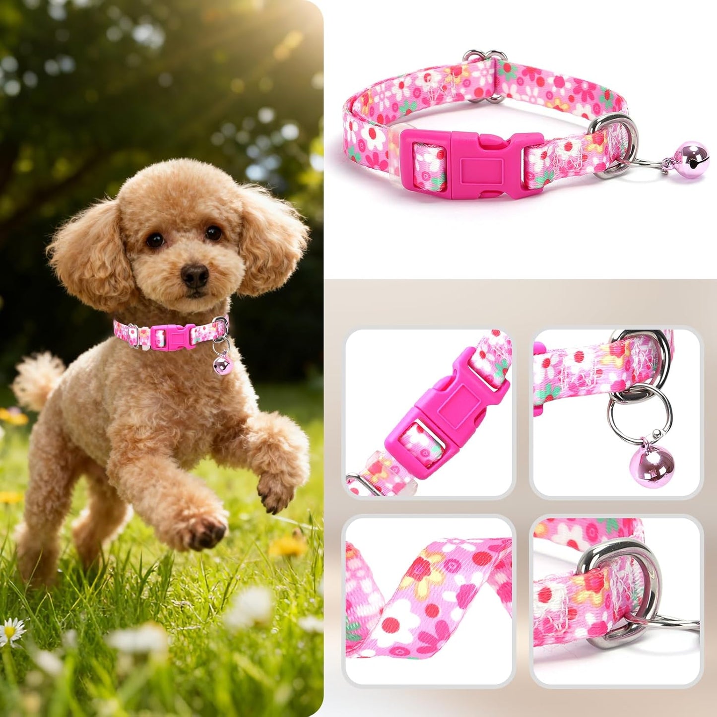 Small Dog Collar with Bell，Nylon - Adjustable XXS/XS Tiny Dog & Cat Collar for Small Breeds,Soft Pink Collar with Quick-Release Buckle（Flowers S）