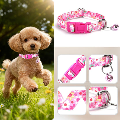 Small Dog Collar with Bell，Nylon - Adjustable XXS/XS Tiny Dog & Cat Collar for Small Breeds,Soft Pink Collar with Quick-Release Buckle（Flowers S）