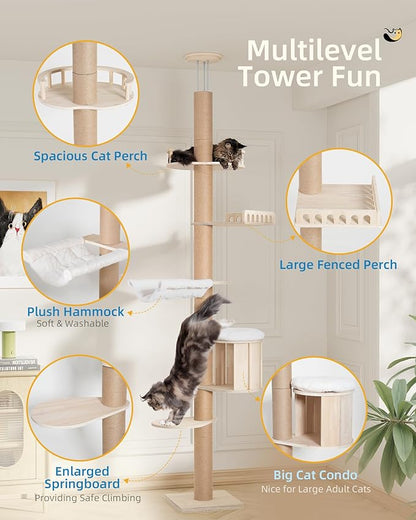 Tall Floor to Ceiling Cat Tree for Large Cats, Cat Tower with Scratching Post, Adjustable Height(82-122 in), Large Condo Cave Bed and Hammock for Indoor Cats, Cat Climbing Pole, Wood