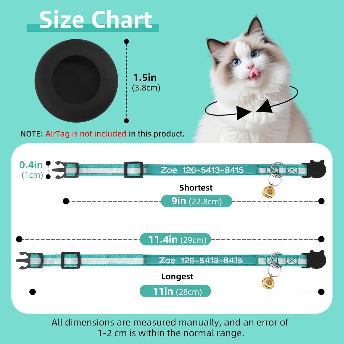 Airtag Cat Collar, Personalized Nylon Breakaway Cat Reflective Collar Embroidered with Pet Name and Phone Number with Waterproof Airtag Holder Case and Bell (with Silicone Airtag Protective Case)