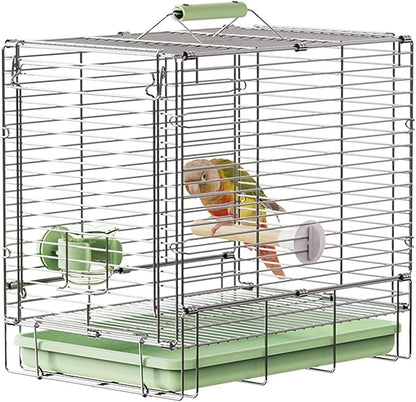 Bird Carrier Travel Cage - 304 Stainless Steel Portable Folding Bird Travel Cage with Parrot Feeder Cups & Standing Perch for Smaller Birds Conures Lovebird Cockatiel Parakeets (Green)
