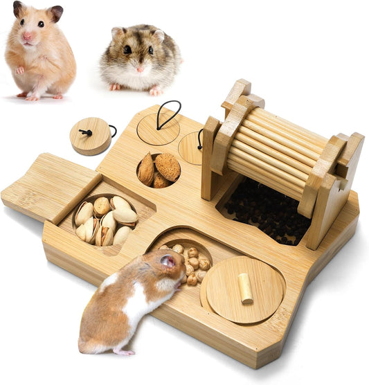 6-in-1 Natural Wooden Guinea Pig Toys, Rabbit Enrichment Toys for Small Animals, Hamster, Chinchilla, Rat, Snuffle Puzzle Feeder with Hide Treats, Interactive Mental Stimulation Exercise Game