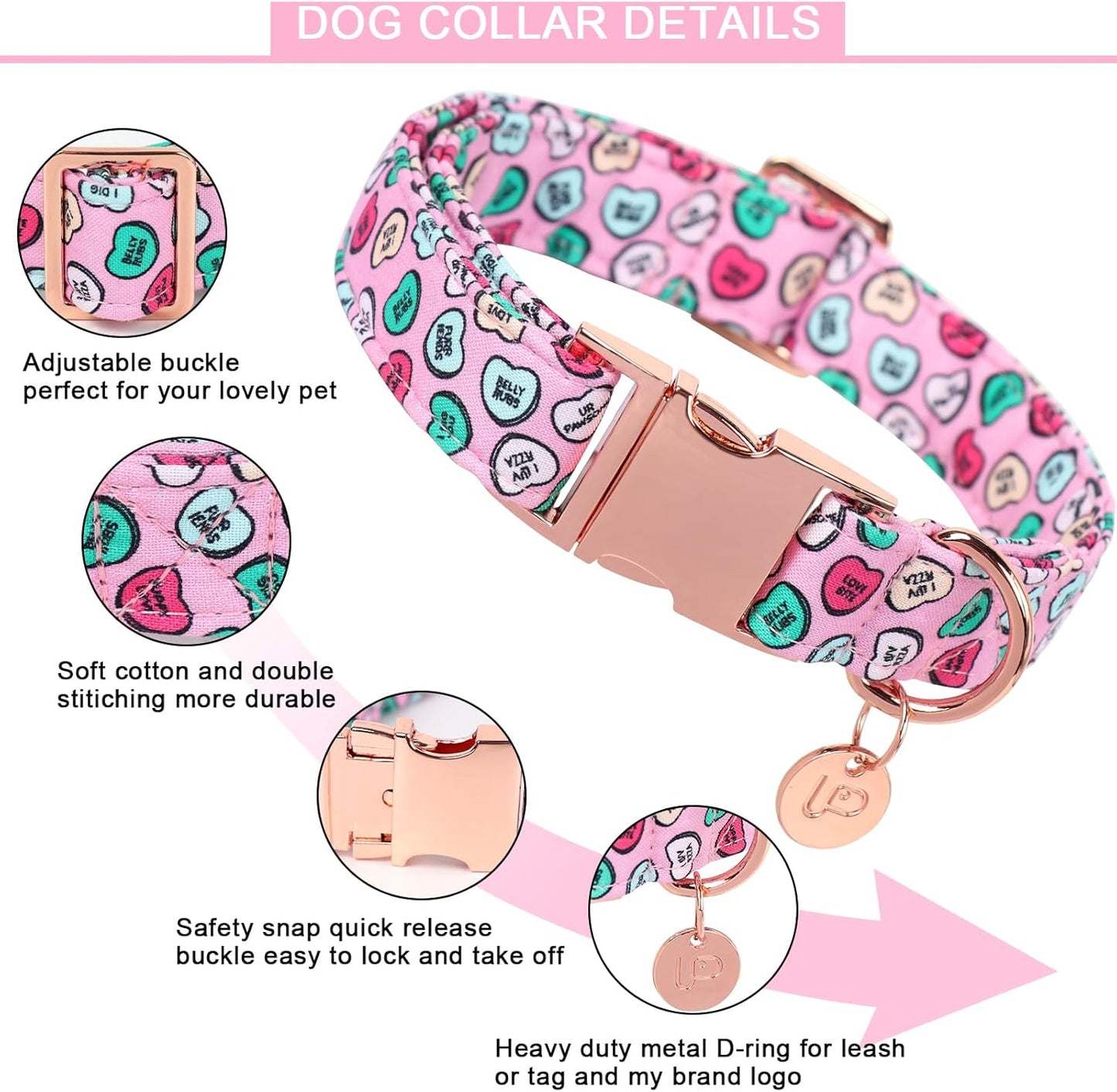 Valentine's Dog Collar, Heart Dog Collar for Small Medium Large Girl Boy Dogs or Cats, Wedding Dog Collar Match Dog Leash, Pet Collar with Metal Buckle, M