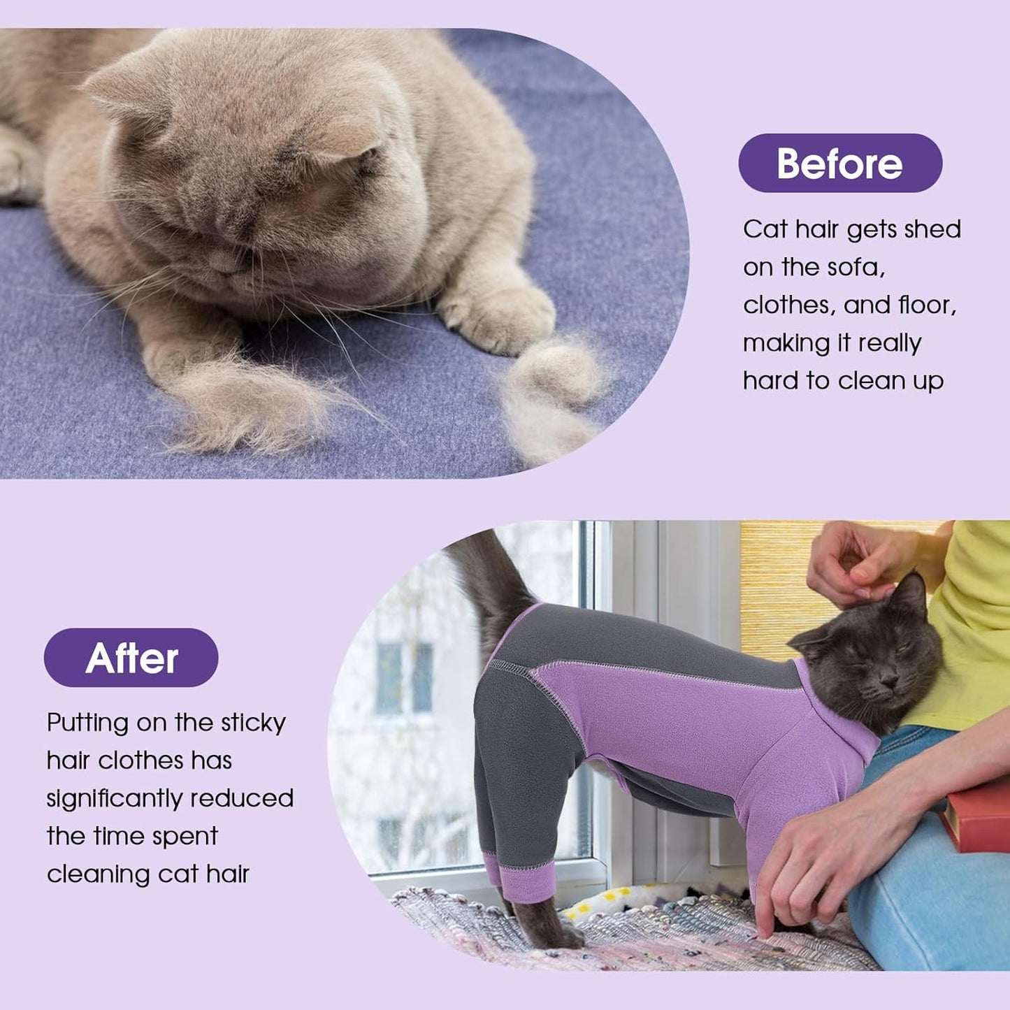 SUNFURA Hair Sticky Cat Clothes, Cat Sweater for Cats Only, 4-Legged Fleece Sweaters Kitten Pajamas Reduce Shedding Fur, Warm Pullover Shirts for Cats, Purple L