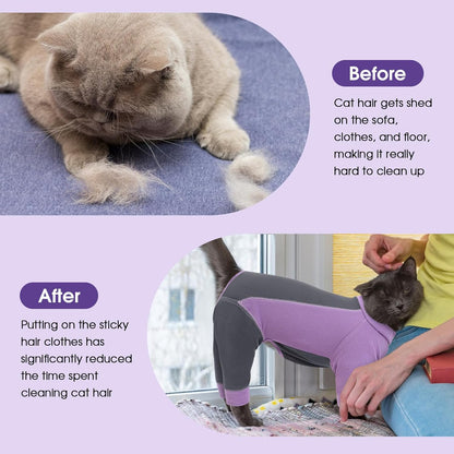 SUNFURA Hair Sticky Cat Clothes, Cat Sweater for Cats Only, 4-Legged Fleece Sweaters Kitten Pajamas Reduce Shedding Fur, Warm Pullover Shirts for Cats, Purple L