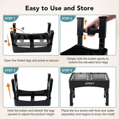 UPSKY Elevated Dog Bowls, 4 Height-Adjustable Raised Dog Bowl Stands with 2 Stainless-Steel Water Bowls, Slow Feeder, Anti-Slip for Small & Medium Dogs