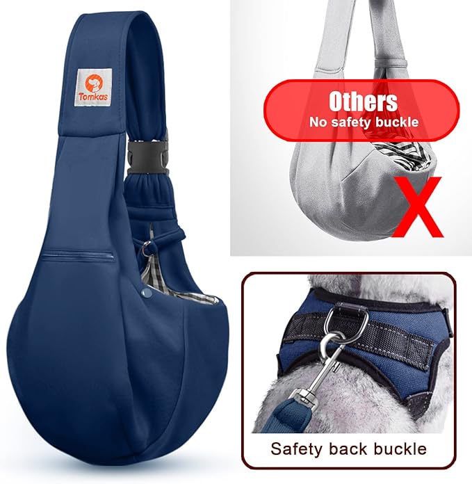 Tomkas Small Dog Sling Carrier - Zipper Pocket & Adjustable Strap - for 3-10 lbs Pets(Dark Blue)