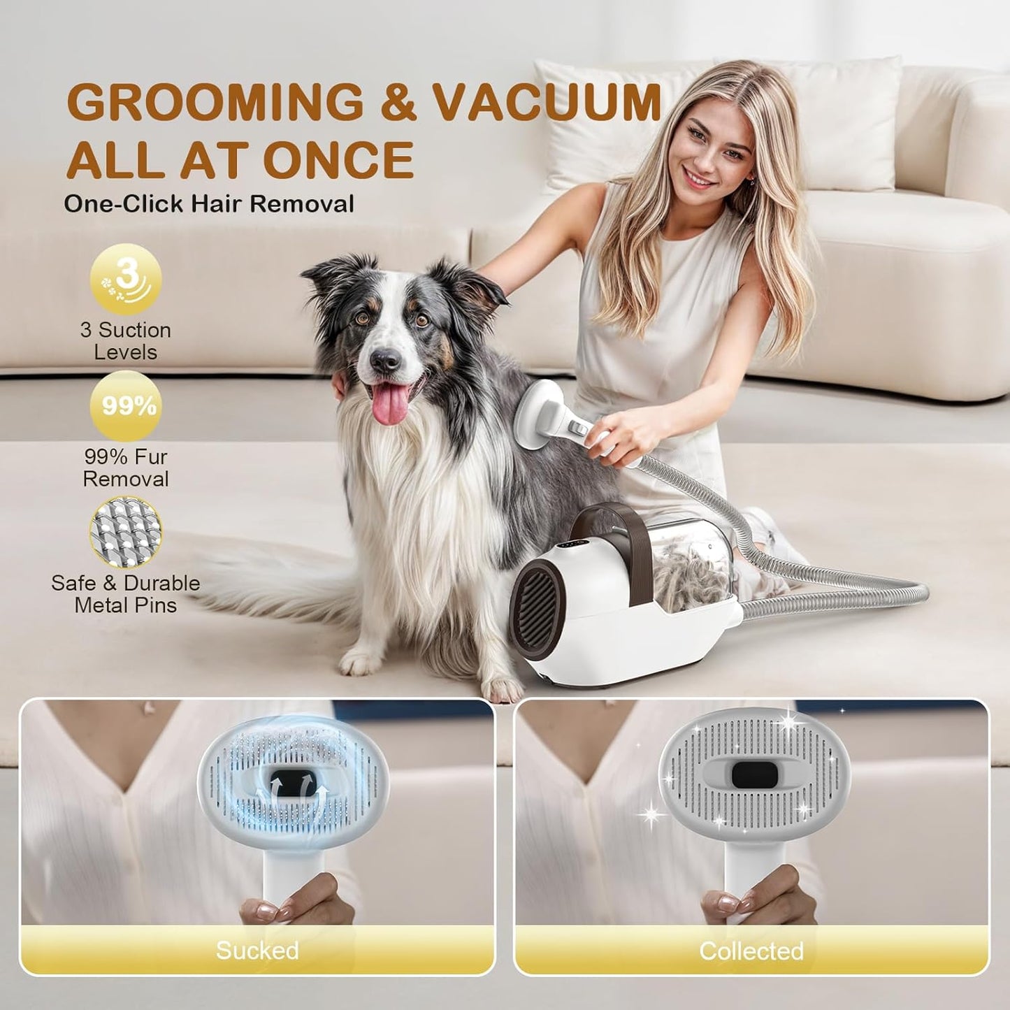 Dog Grooming Vacuum, Dog Grooming Kit with Pet Clipper Nail Grinder, 3 Suction Modes Dog Brush Vacuum with 6 Pet Grooming Tools (Coffee)