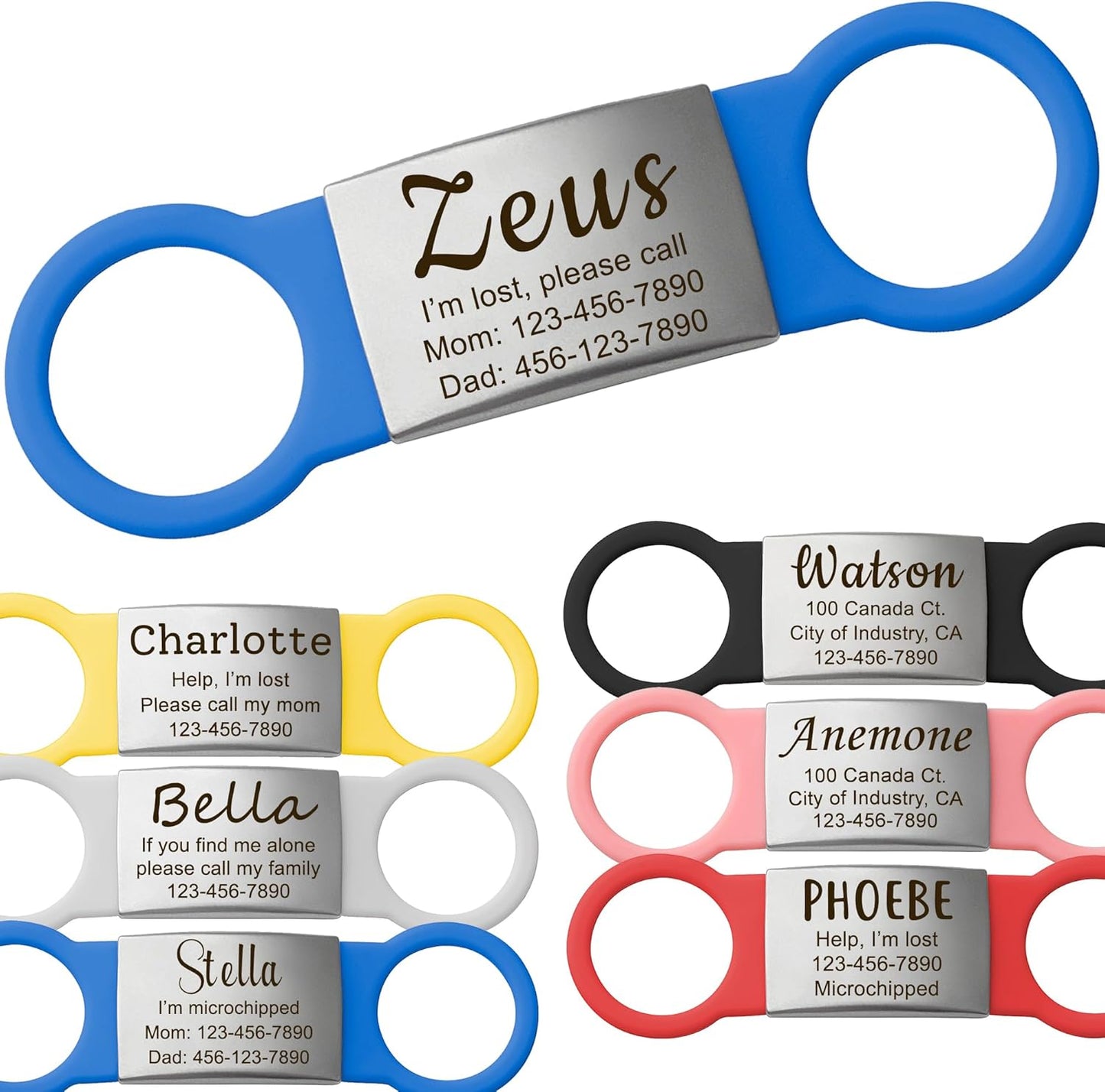 Anavia Slide On Silent Pet ID Tags, S/M/L/XL Personalized Multi-Color Silicone Band Cat Dog Name Tags, Customized Engraved Stainless Steel, Chew-Proof Quiet Dog Collar Tags (Large, Blue)